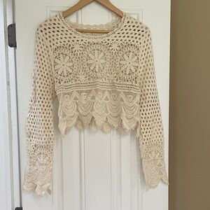 Rebellion Crochet Lace Long-Sleeve Top - Cream
